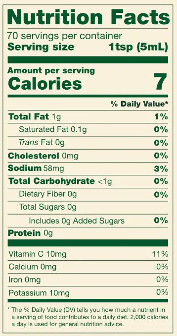 Nutrition facts label for a product with serving size of 1 tsp and 70 servings per container.