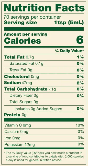 Nutrition facts label for Aji Verde Hot Sauce with serving size of 1 tsp and 70 servings per container.