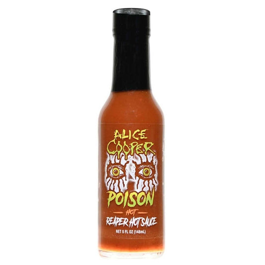Bottle of Alice Cooper Poison Reaper Hot Sauce on a white background