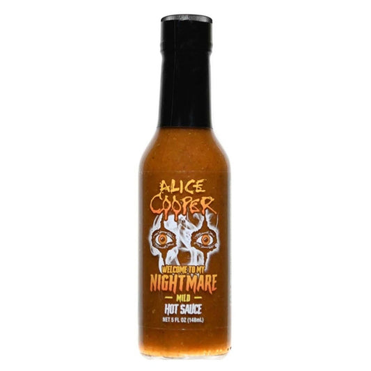 Bottle of Alice Cooper Nightmare hot sauce on a white background