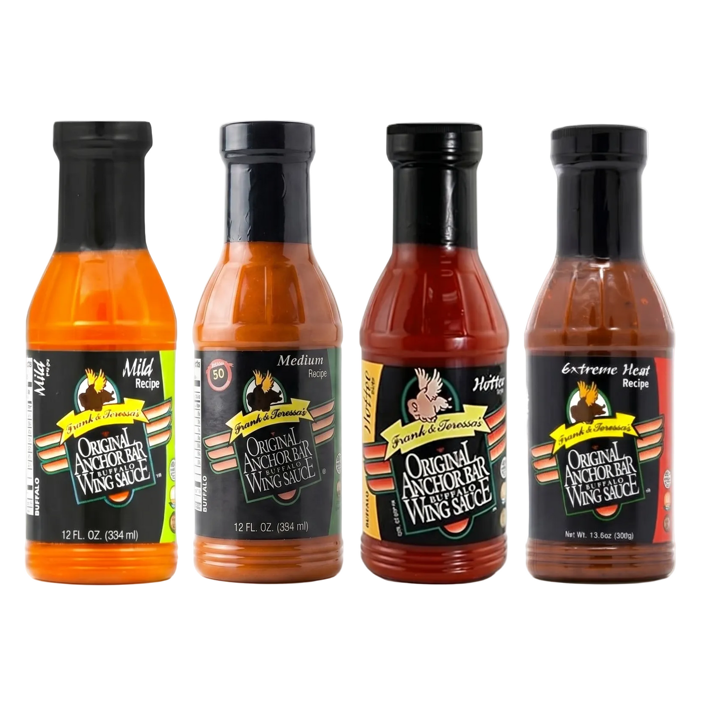 4 bottles of different heat Buffalo Anchor Bar Wing Sauces