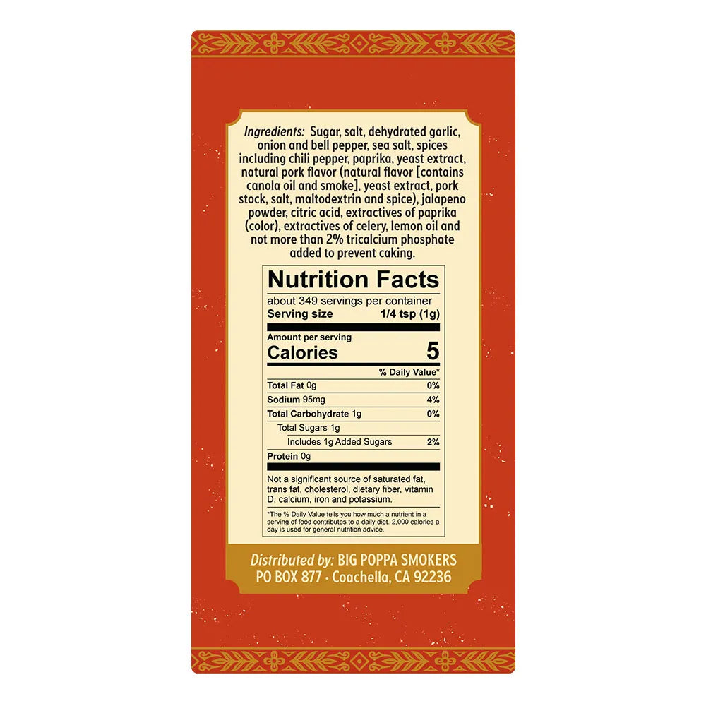 Nutrition facts label on a red and gold product packaging with text and a visible brand name.