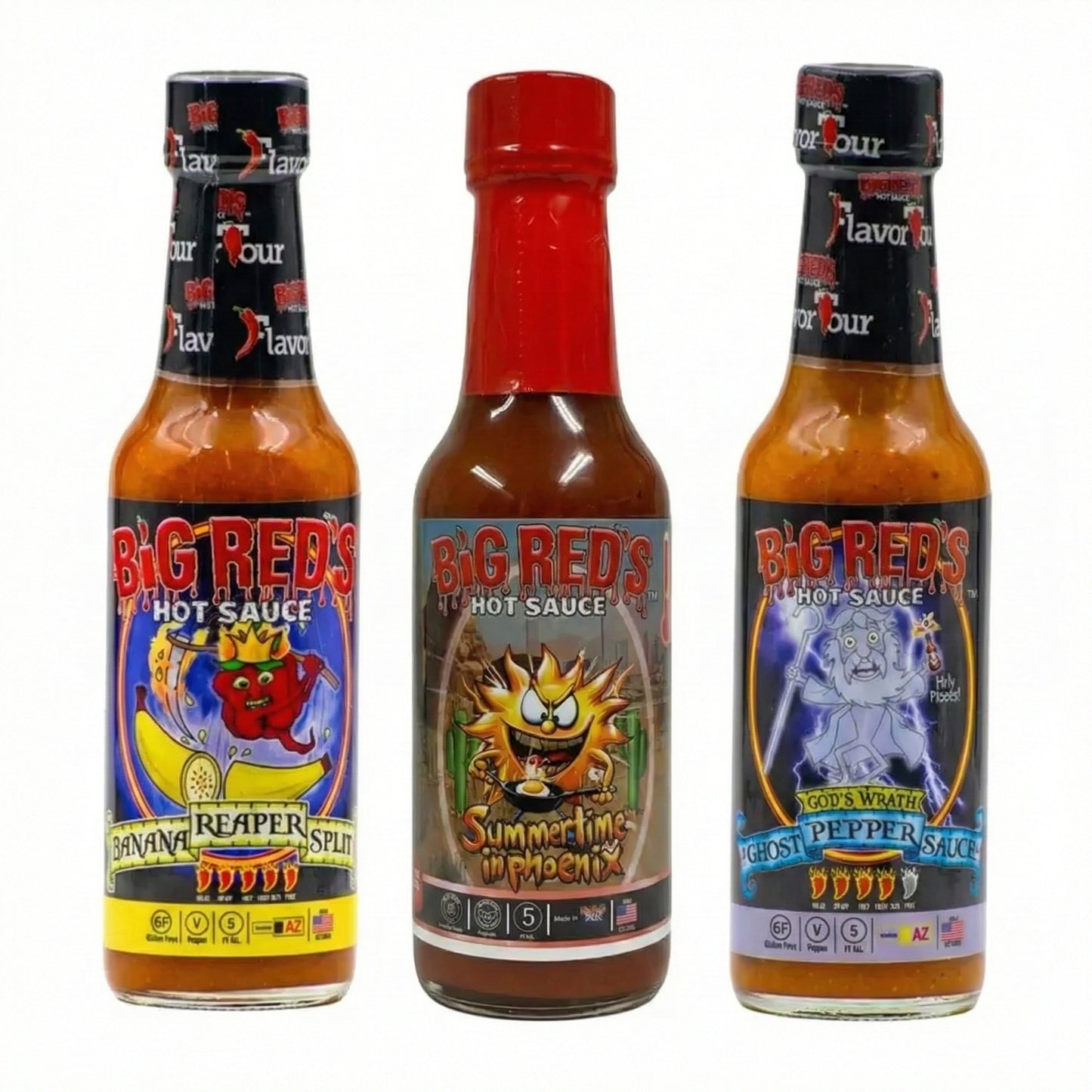 Three bottles of Big Red's hot sauce with colorful labels on a white background