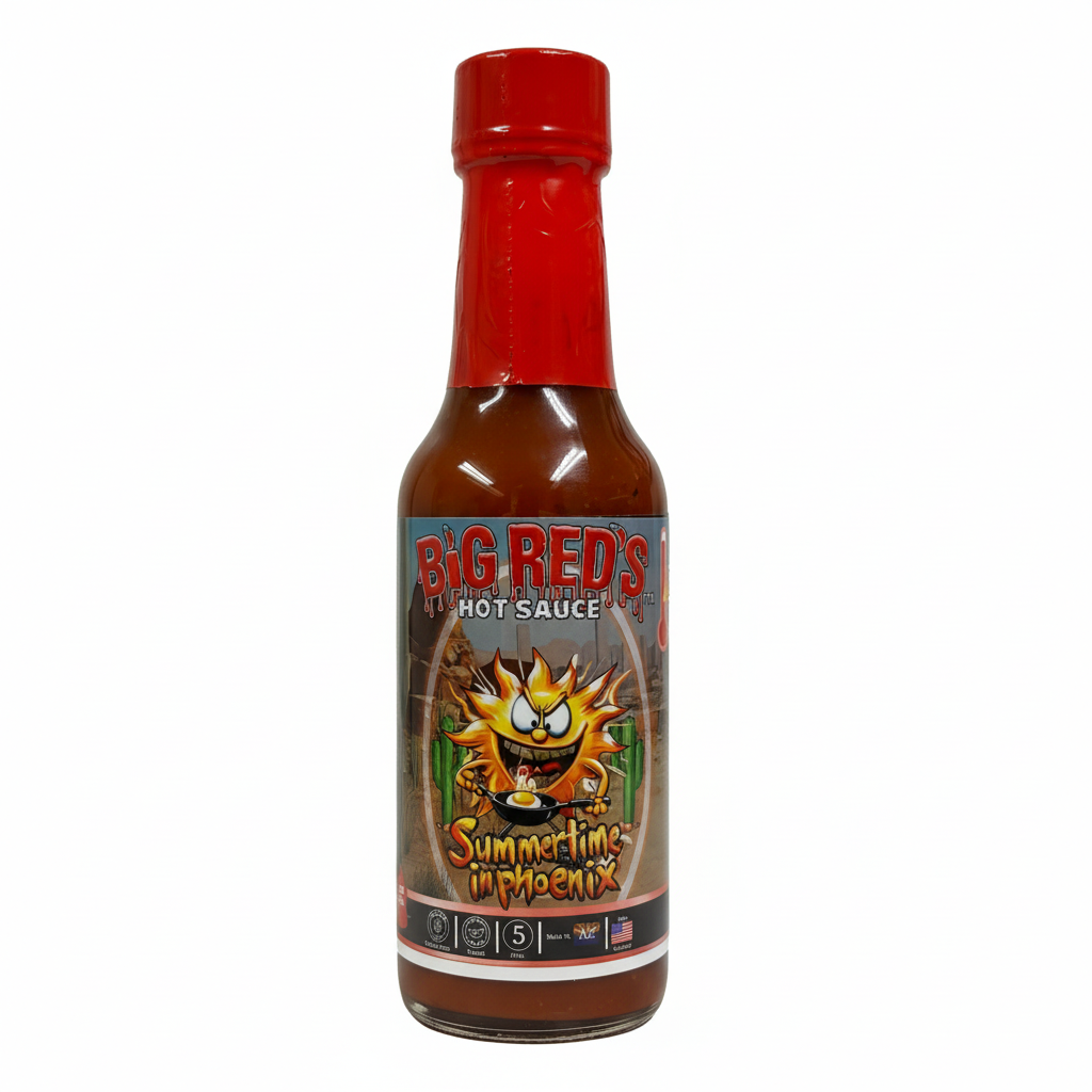 Bottle of Big Red's hot sauce with a red cap on a white background