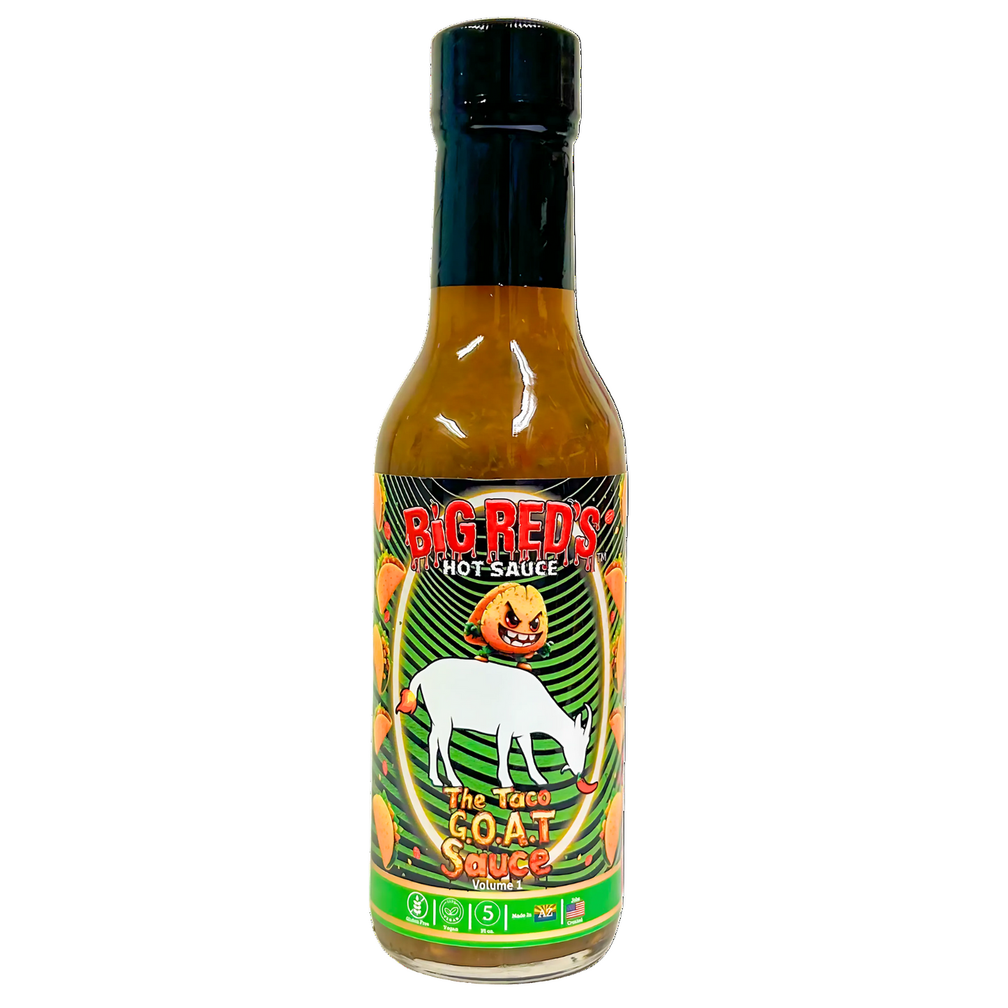 Bottle of Big Red's Taco Goat Hot Sauce with a colorful label on a white background