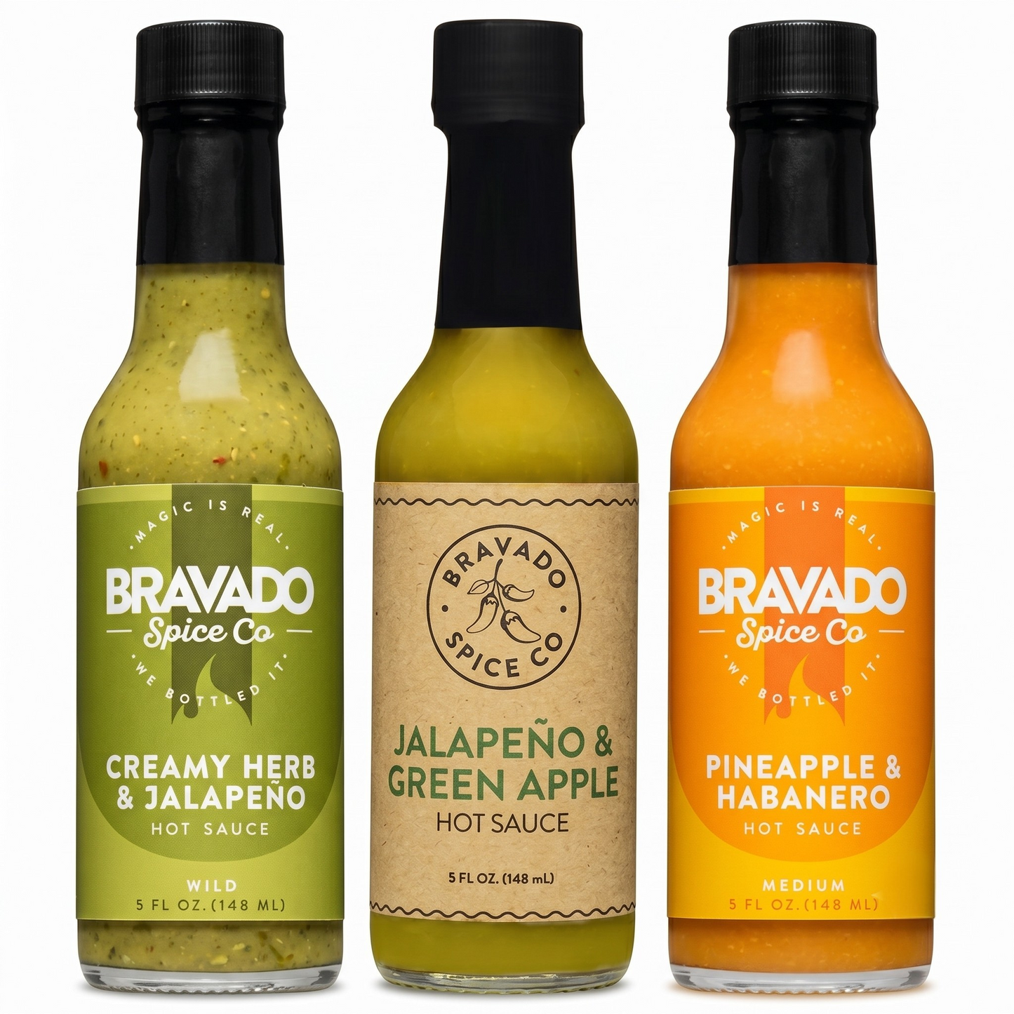 Three bottles of Bravado Spice Co hot sauces on a white background