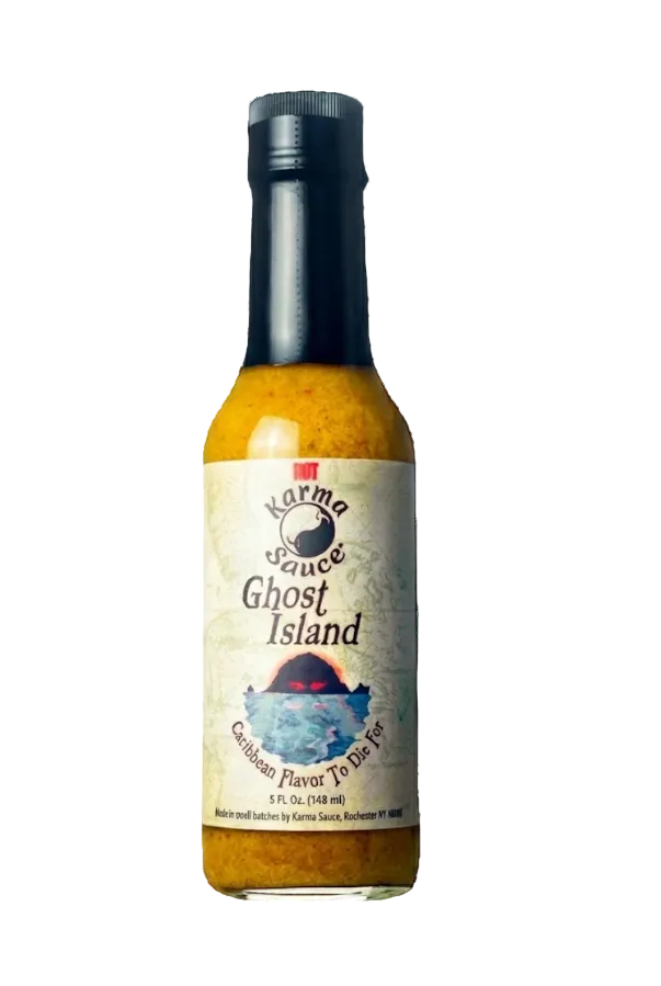 Bottle of Ghost Island Karma Sauce on a white background
