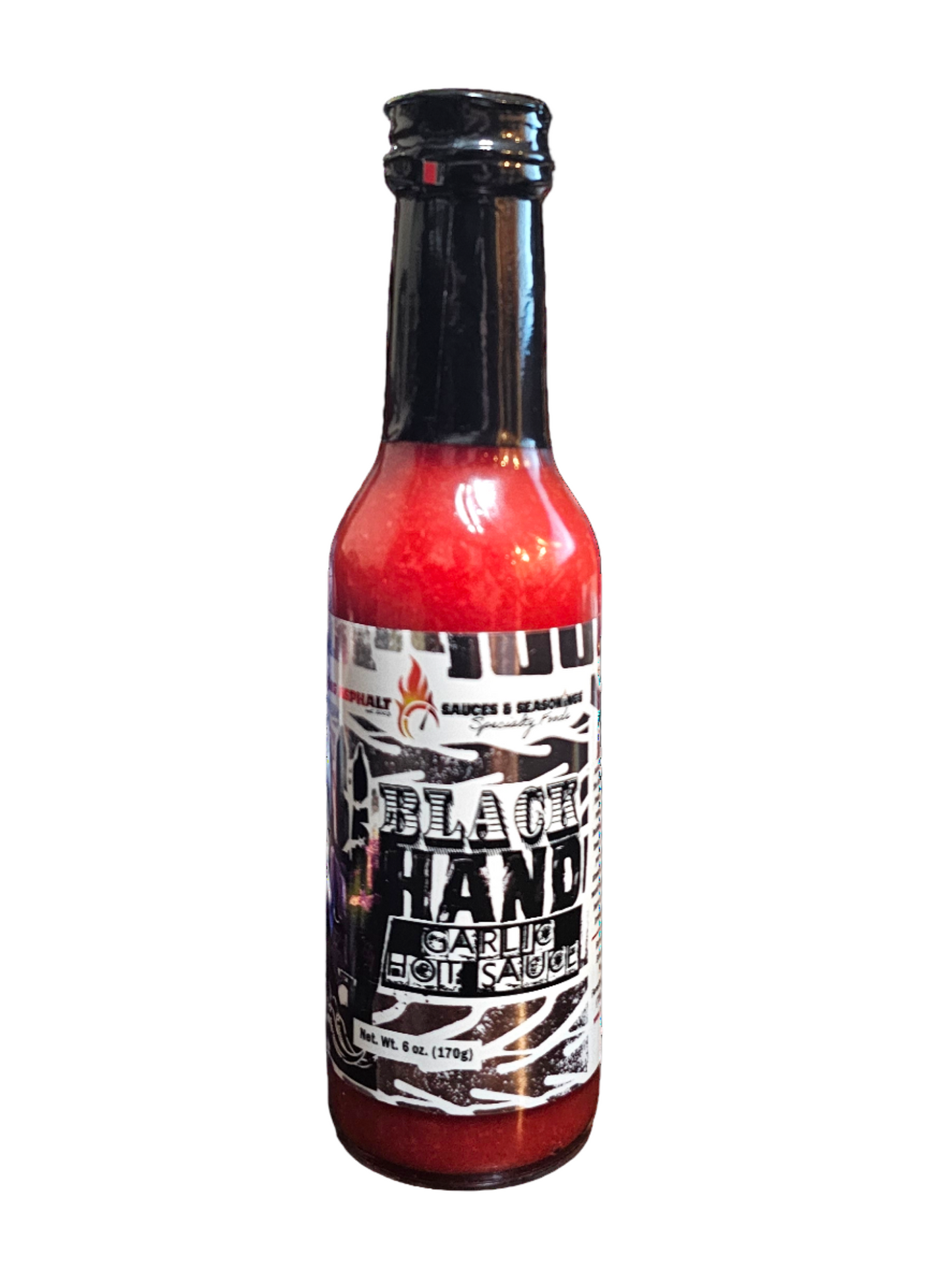 Burning Asphalt Garlic Hot sauce bottle with a red label on a white background