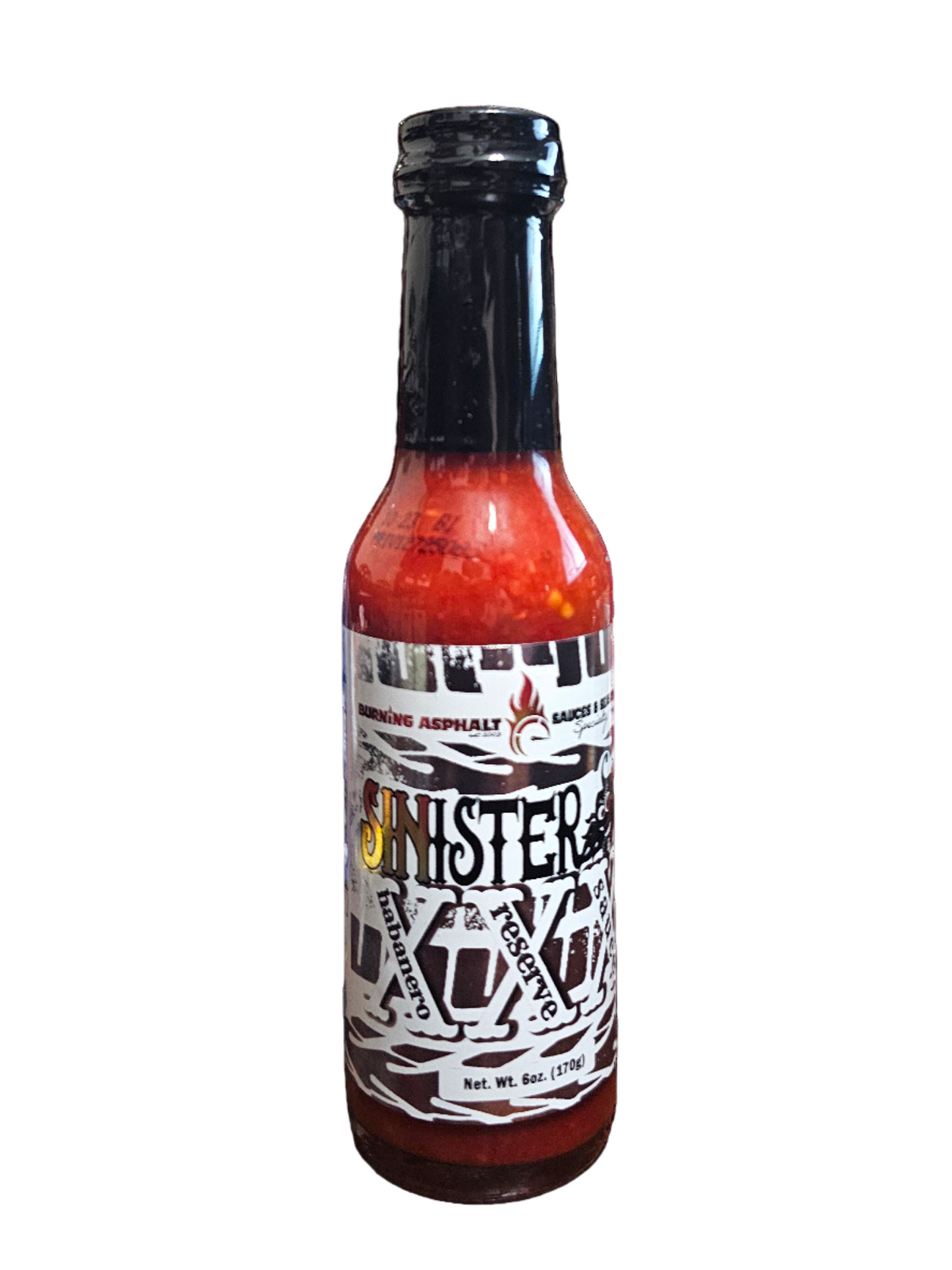 Burning Asphalt Habanero Reserve Hot sauce bottle with a label on a white background