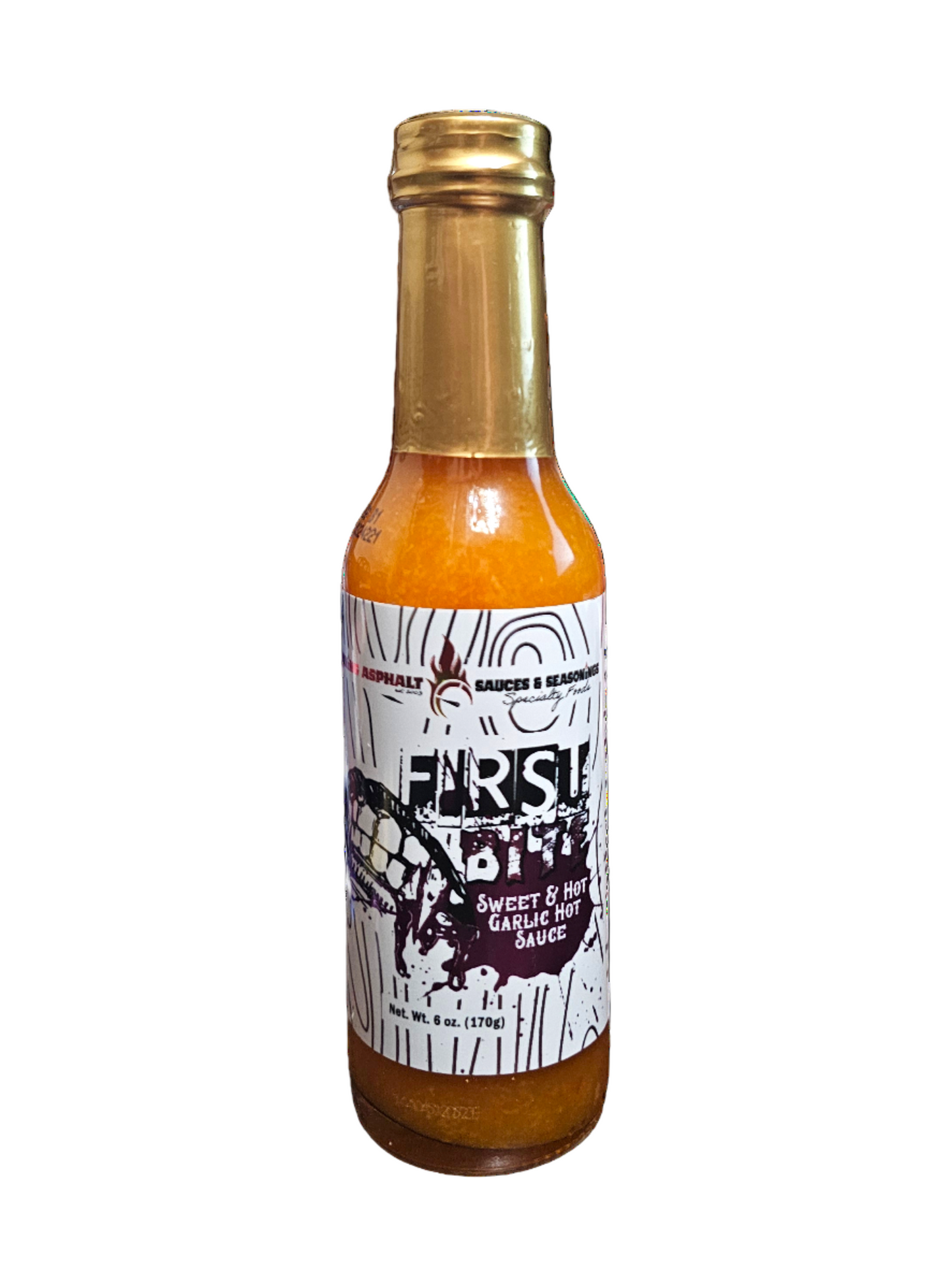 Burning Asphalt Sweet & Hot Garlic Hot sauce bottle with gold cap on a white background