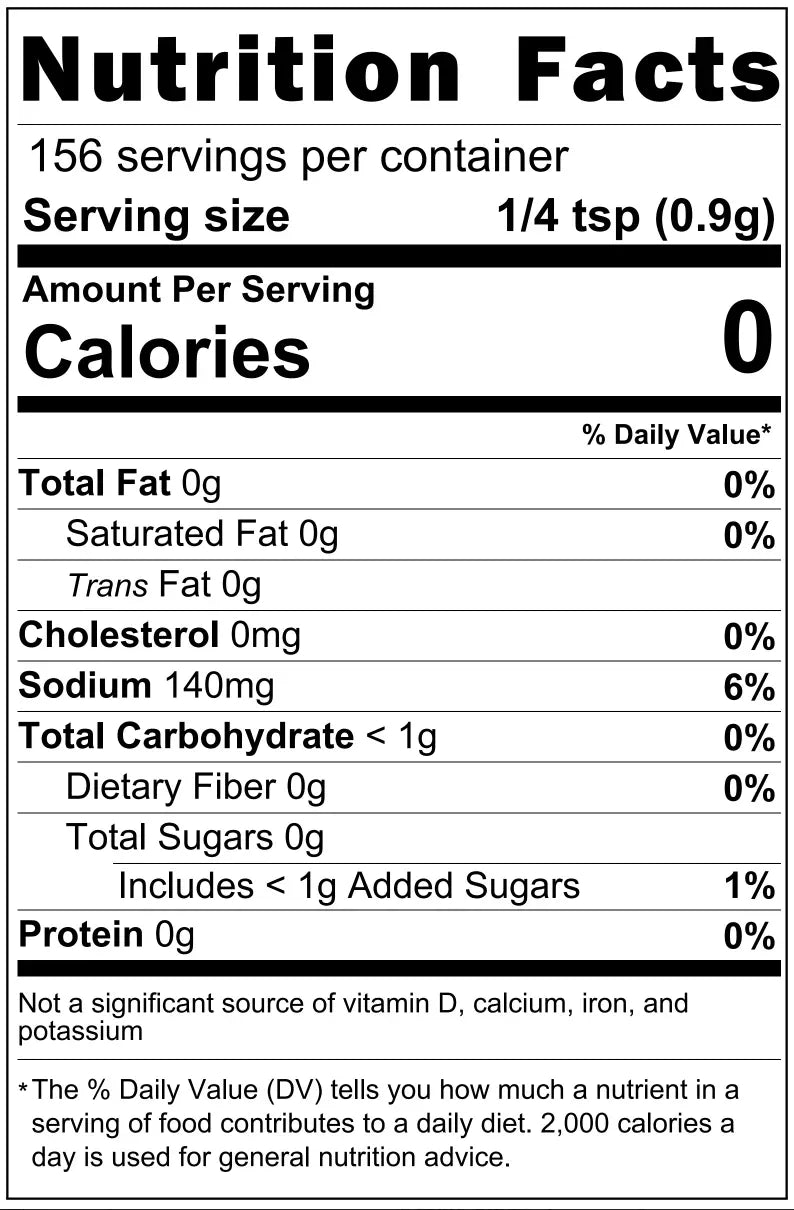 Nutrition facts label for a product with 0 calories per serving