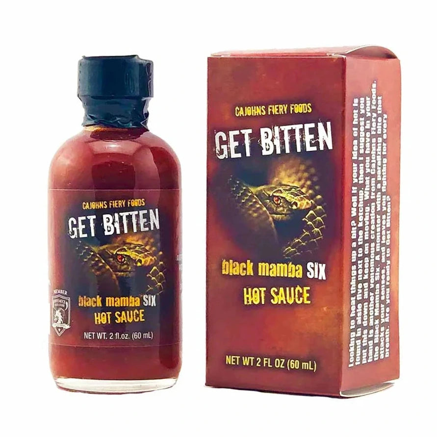 CaJohn's Get Bitten Six Hot sauce bottle and packaging labeled 'Get Bitten' on a white background