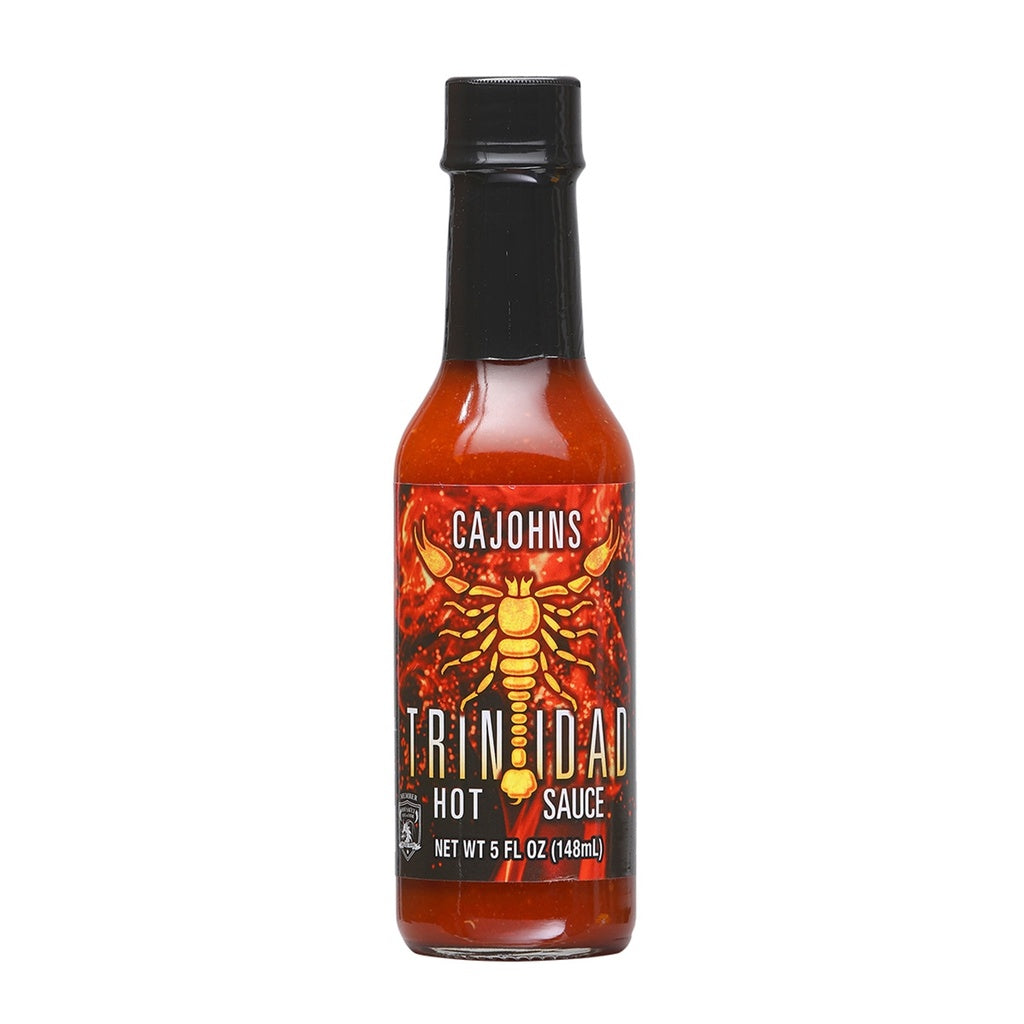 Bottle of Cajohns Trinidad Hot Sauce on a white background
