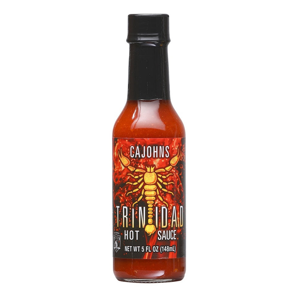 Bottle of Cajohns Trinidad Hot Sauce on a white background