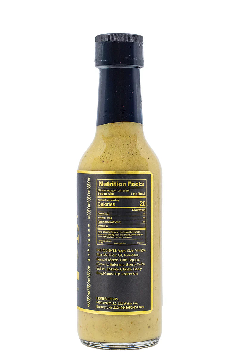 Bottle of Cantina Royal Heatonist Number 11 Hot Sauce Bottle with nutrition facts label on a white background