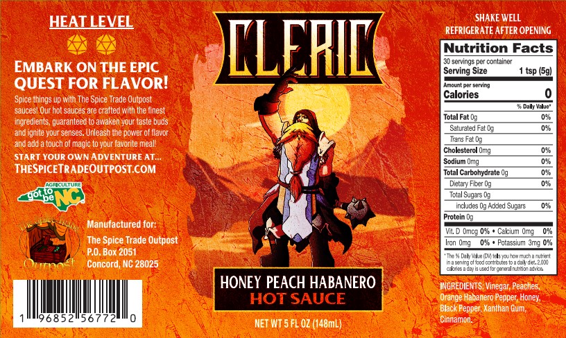 Honey Peach Habanero hot sauce label with character illustration and nutritional information.