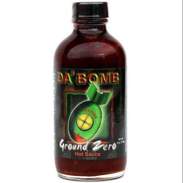 Bottle of Da' Bomb Ground Zero hot sauce on a white background