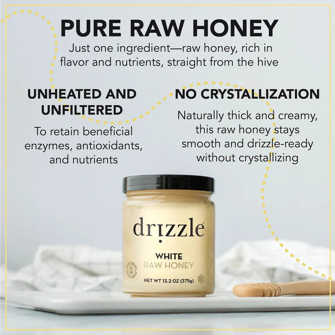 Drizzle white raw honey jar with text about pure raw honey on a light background