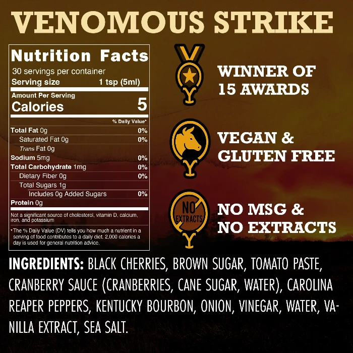 Product label for 'Venomous Strike' with nutrition facts, awards, and ingredient list