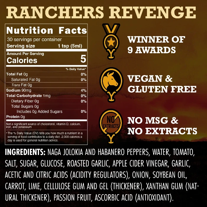 Nutrition facts and product details for 'Ranchers Revenge' hot sauce on a brown background