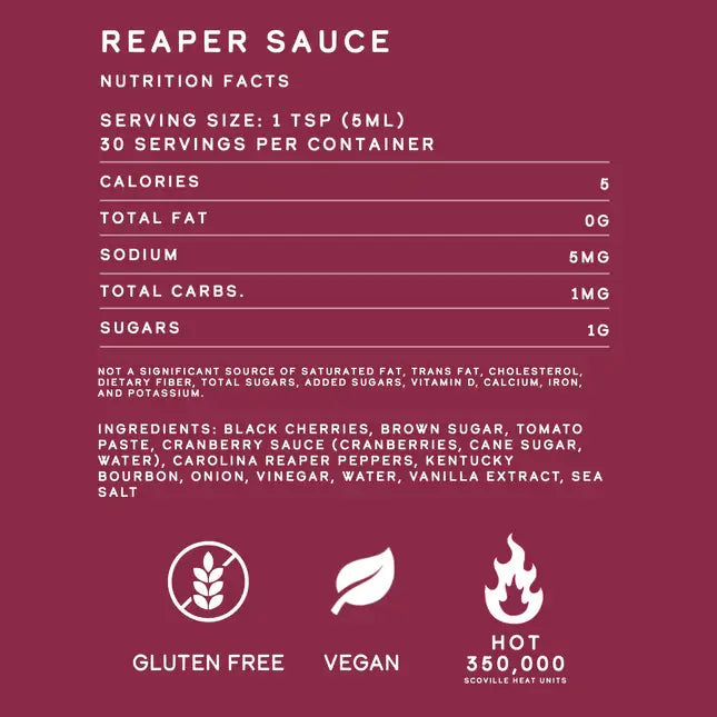 Nutrition facts label for Reaper Sauce on a red background