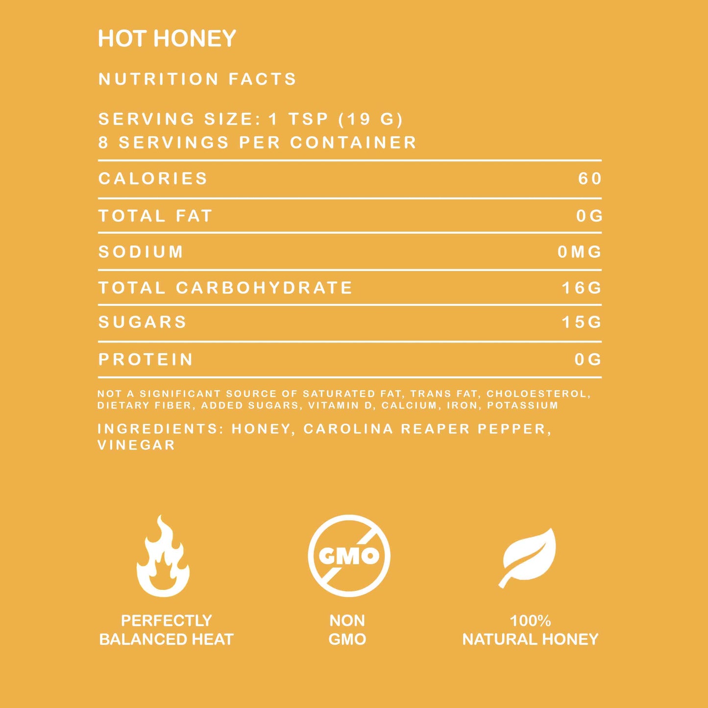 Nutrition facts label for Elijah's Xtreme hot honey on a yellow background