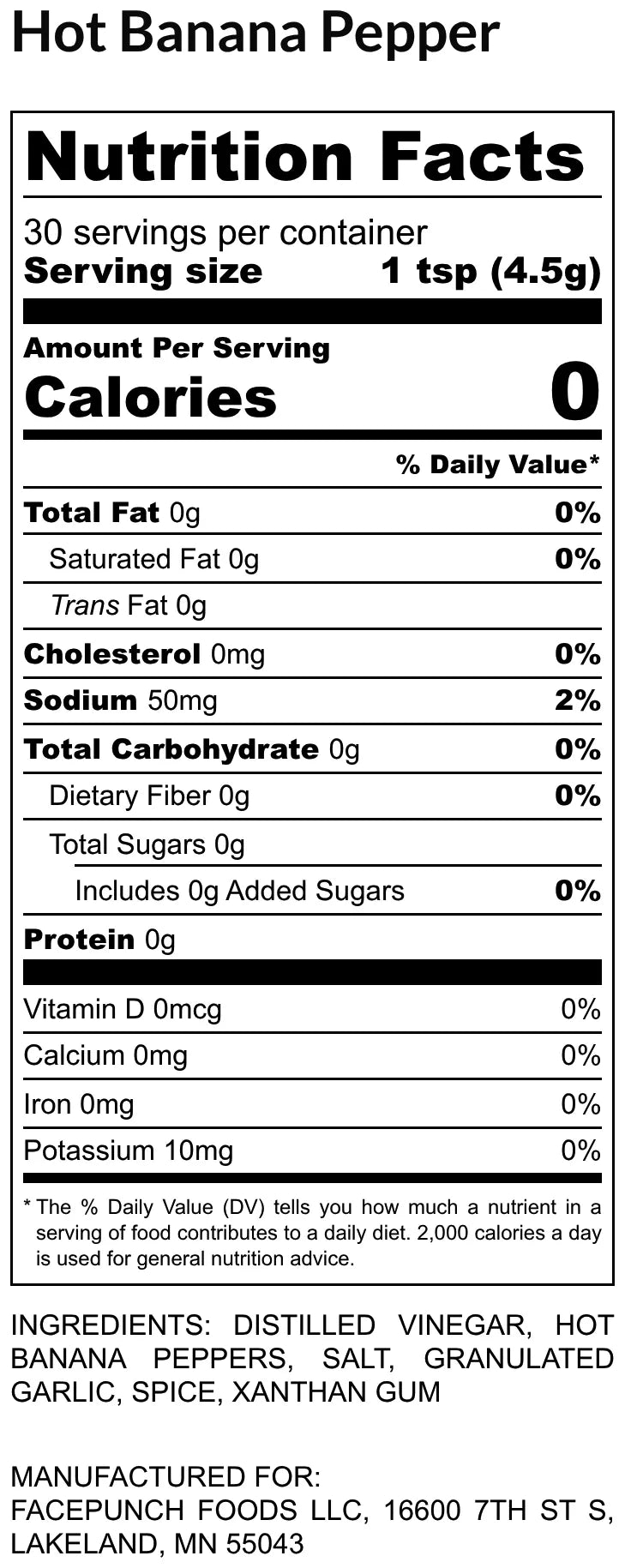 Facepunch Hot Banana Pepper nutrition label