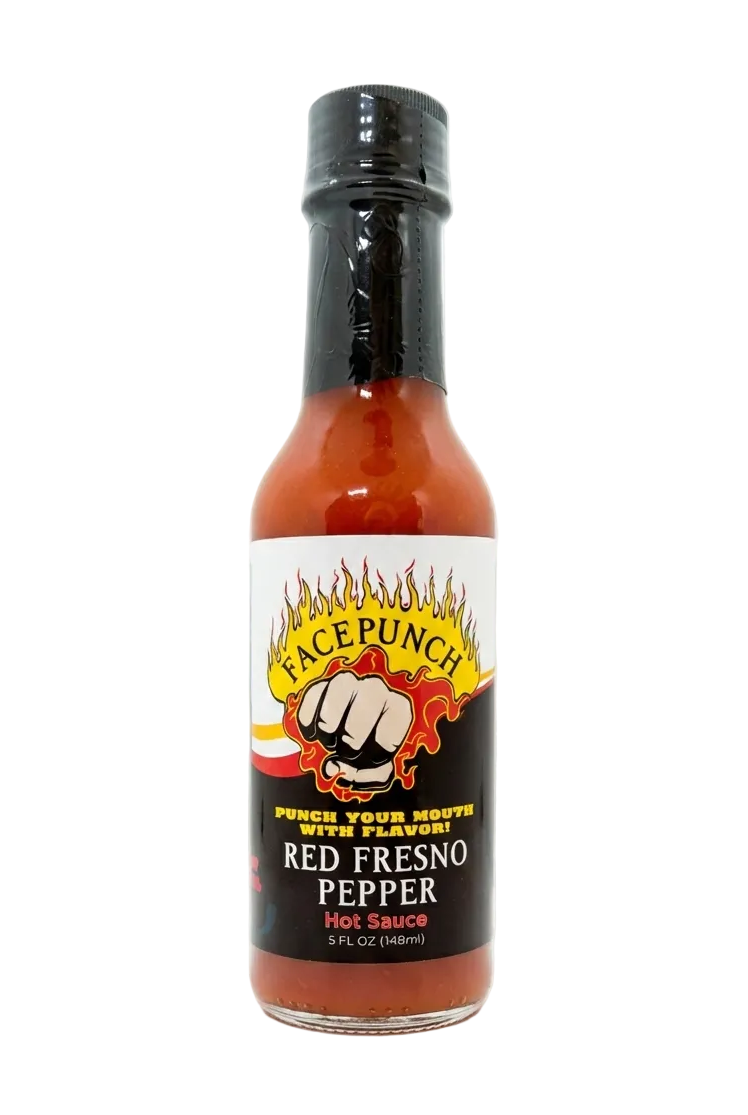 Bottle of Facepunch Red Fresno Pepper Hot Sauce on a white background