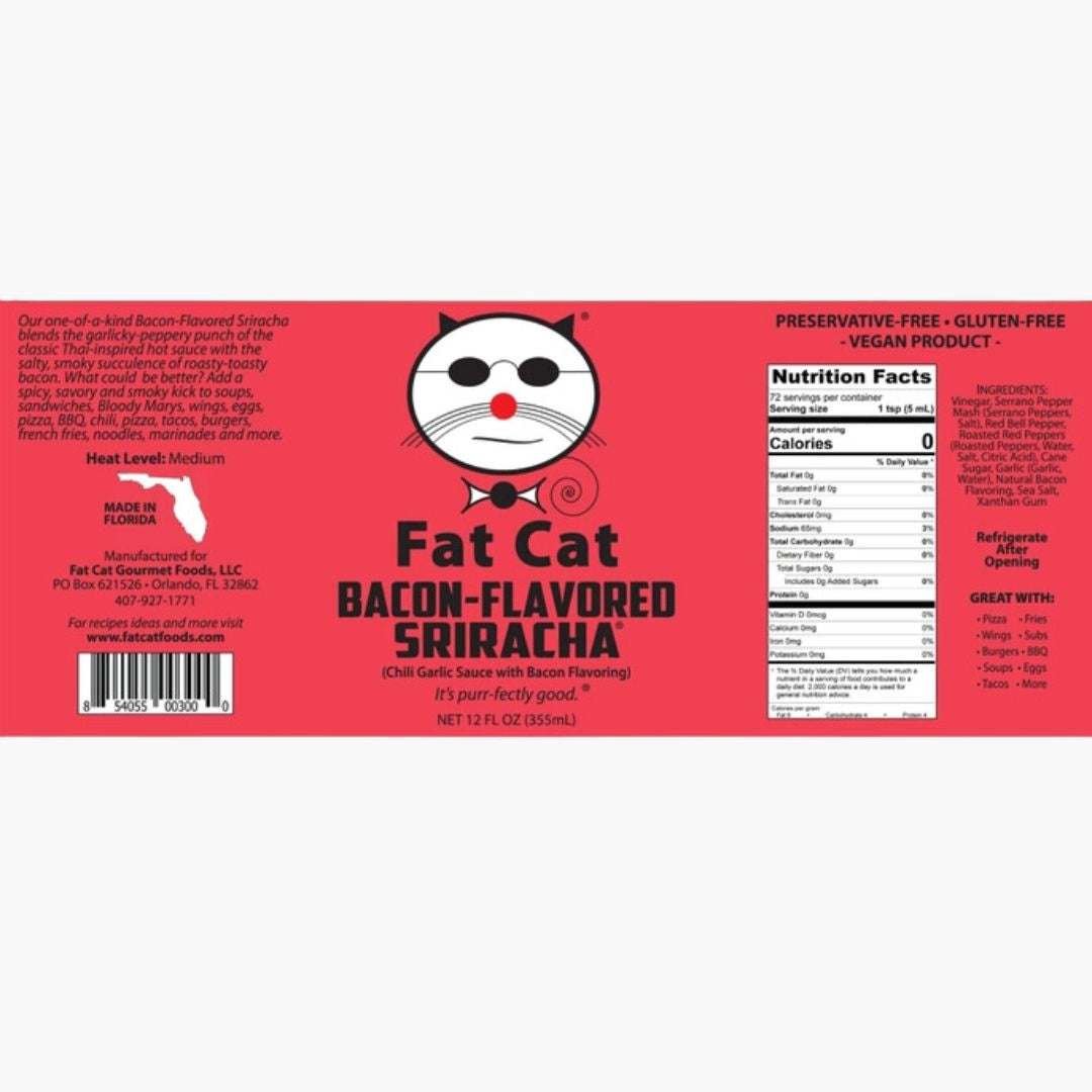 Label of Fat Cat Bacon-Flavored Sriracha