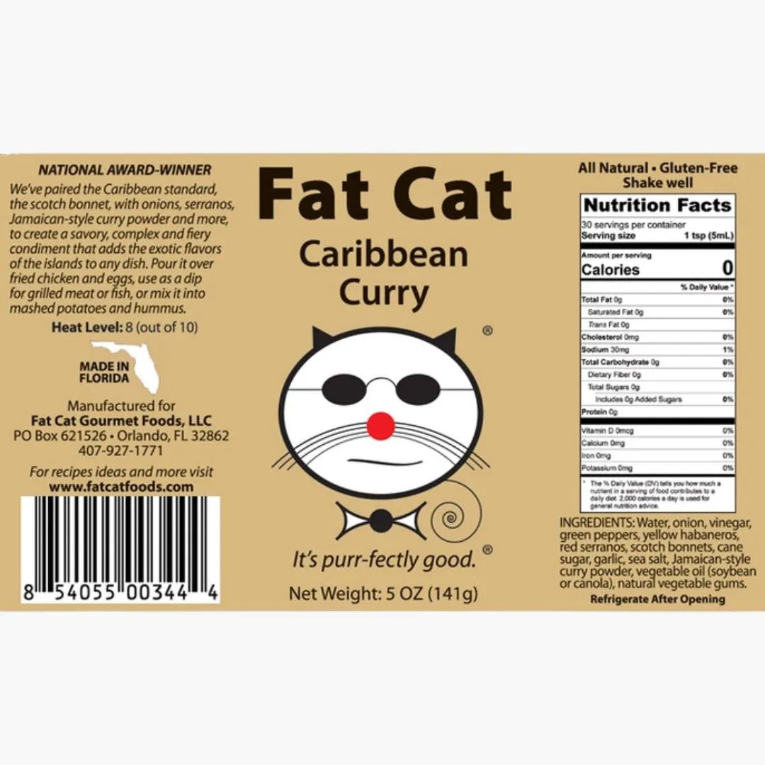 Fat Cat Caribbean Curry label with cat face logo and nutritional information.