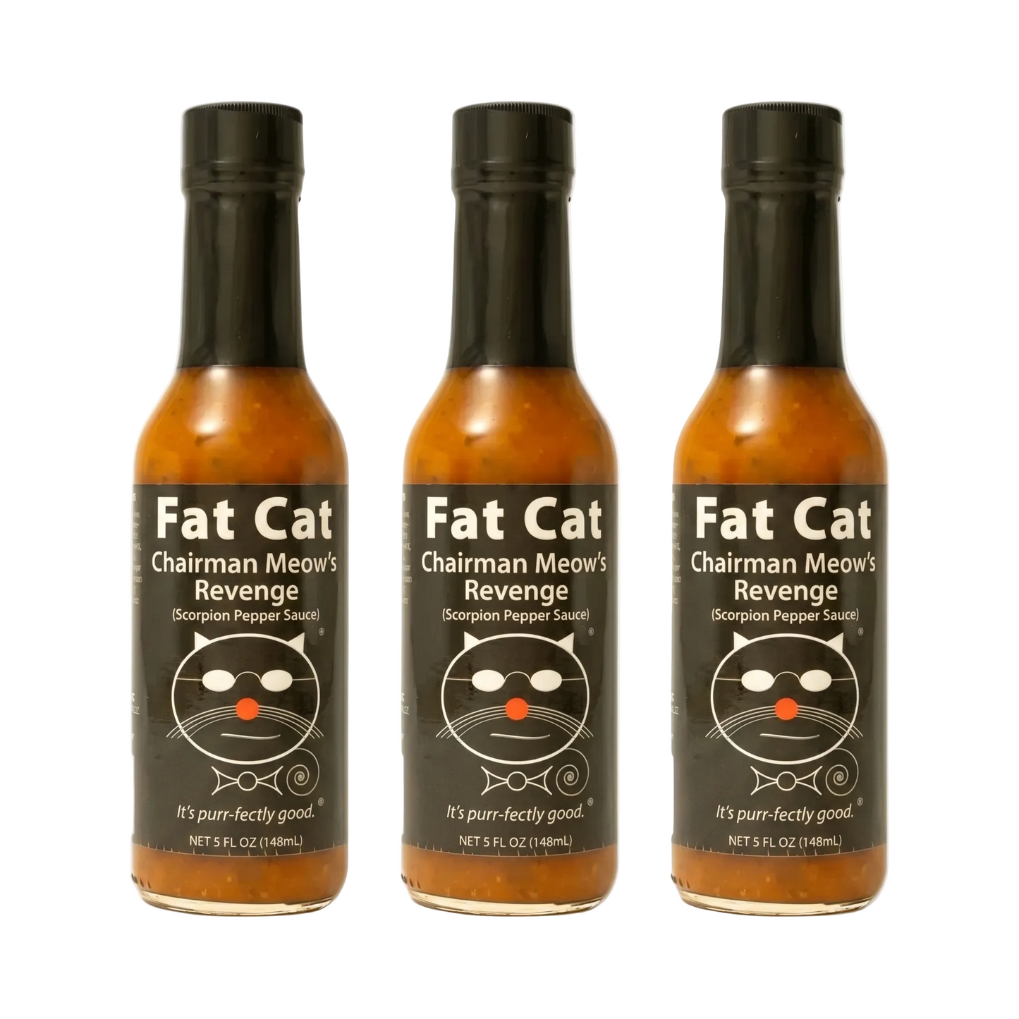Three bottles of Fat Cat Chairman Meow's Revenge hot sauce on a white background