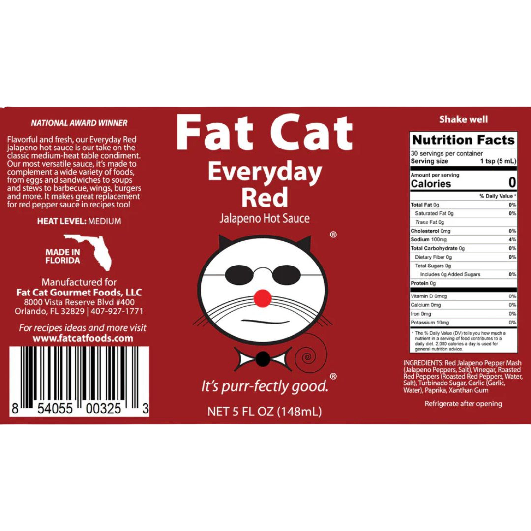 Label of Fat Cat Everyday Red Jalapeno Hot Sauce with a cat face design on a red background.