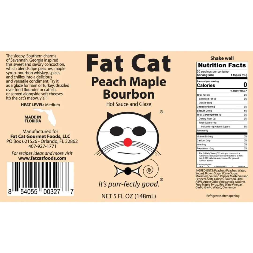 Fat Cat Peach Maple Bourbon hot sauce and glaze label with cat face logo