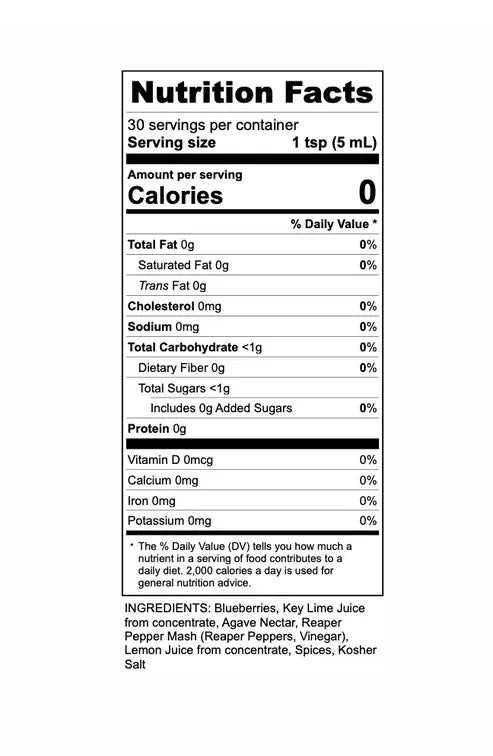Nutrition facts label with serving size, calories, and ingredient list on a white background