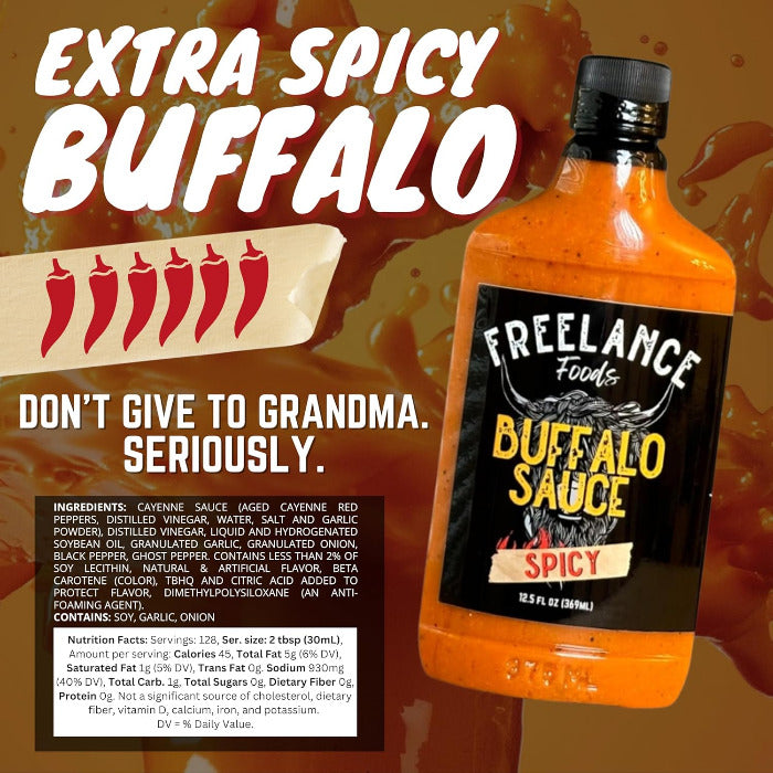 Bottle of Freelance Foods Buffalo Sauce with spicy rating and flavor description on a fiery background