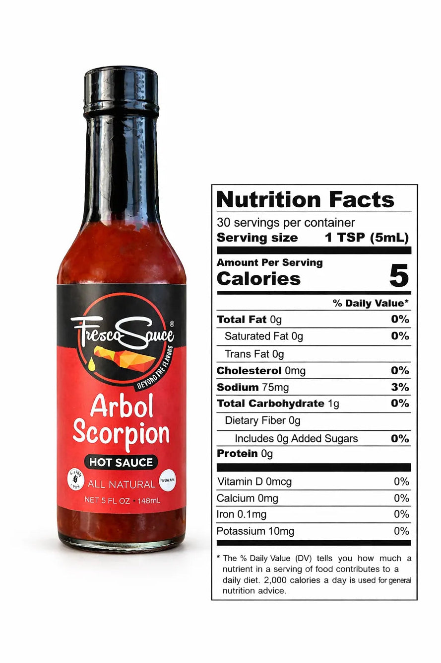 Fleecer Squee Arbol Scorpion hot sauce bottle with nutrition facts label on a white background