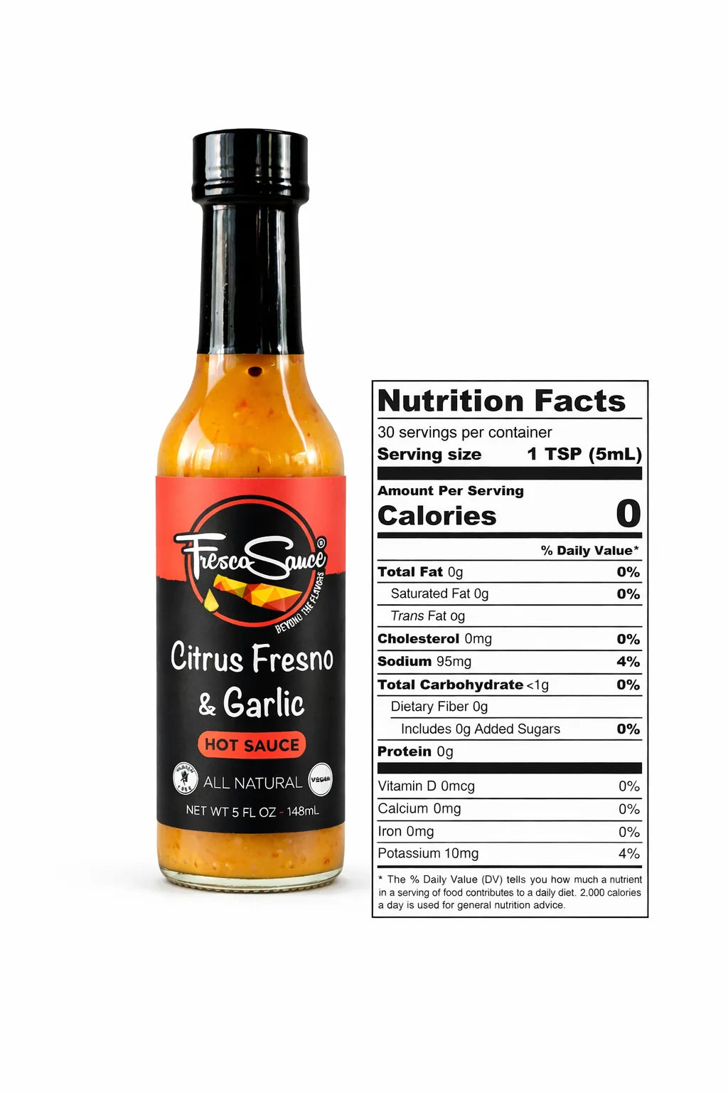 Hot sauce bottle with nutrition facts label on a white background