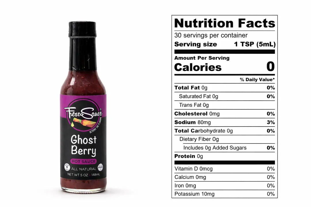 Bottle of Ghost Berry hot sauce with nutrition facts label on a white background