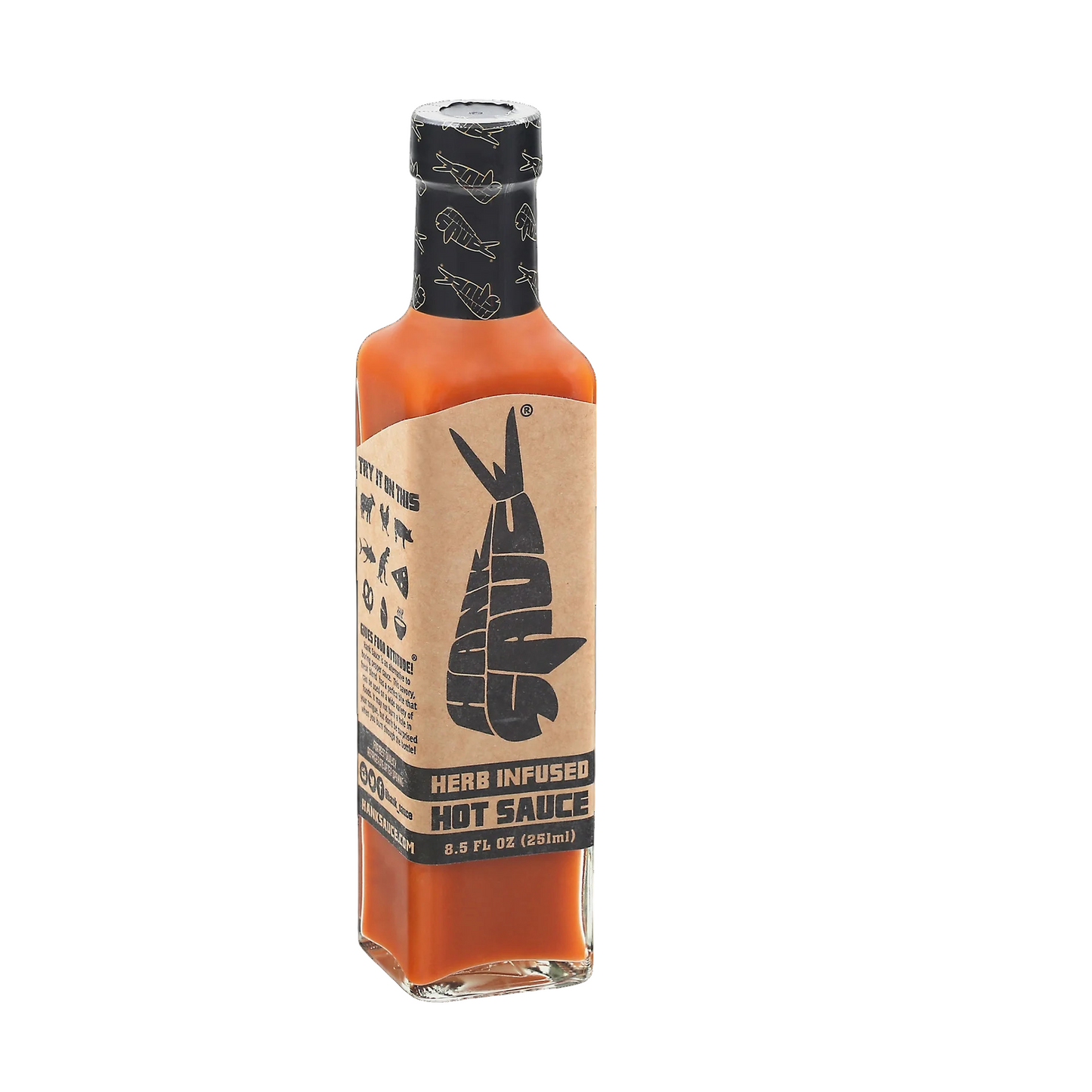 Bottle of Infused Herb Hank hot sauce with a label on a white background