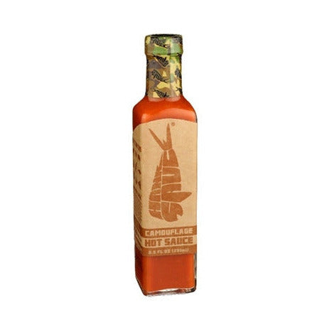 Bottle of Hanks Camouflage hot sauce on a white background