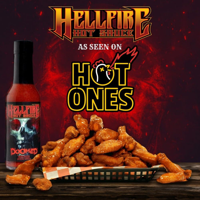 Hellfire hot sauce bottle with fried chicken on a dark background, featuring 'Hot Ones' branding.