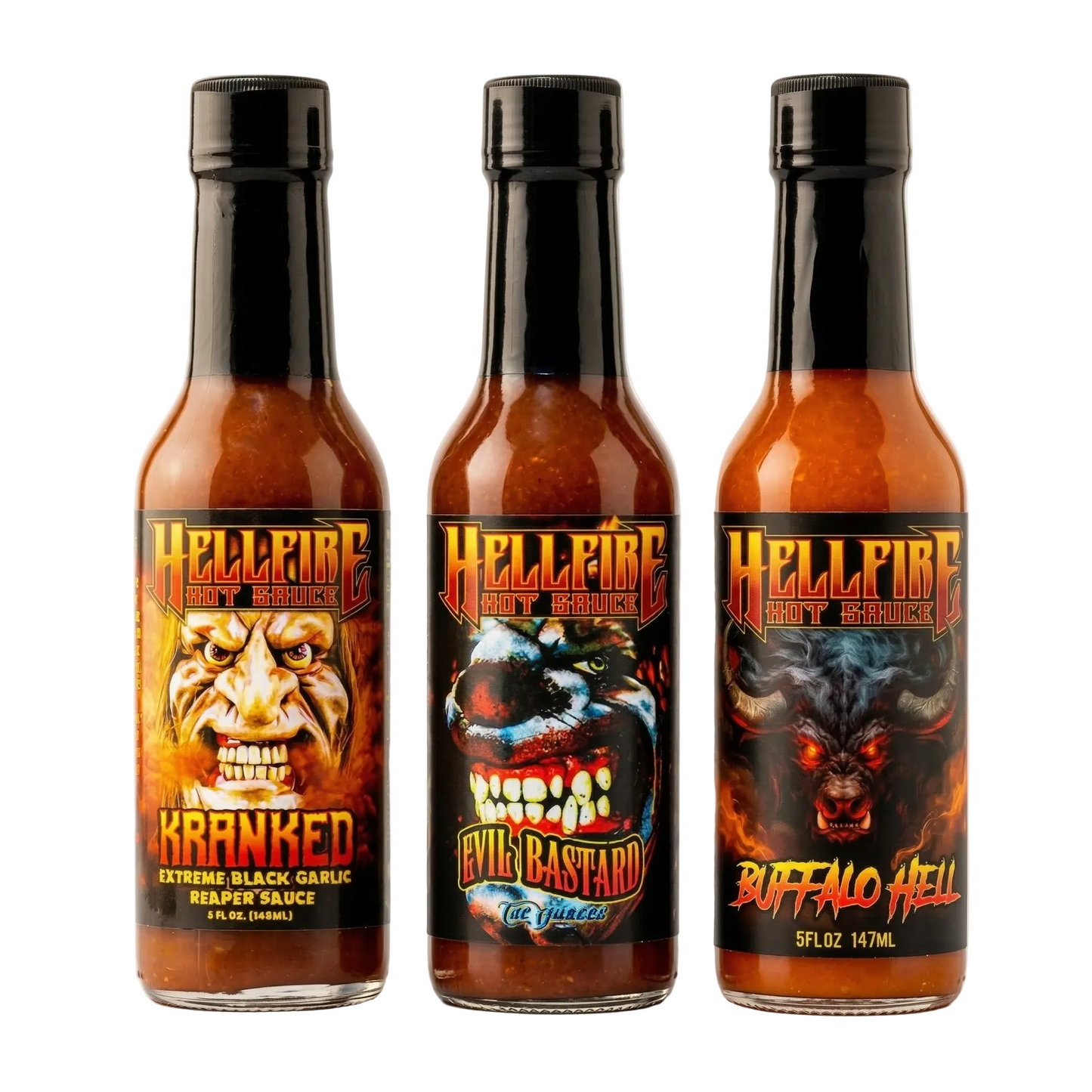 Three bottles of Hellfire Hot Sauce with colorful labels on a light background