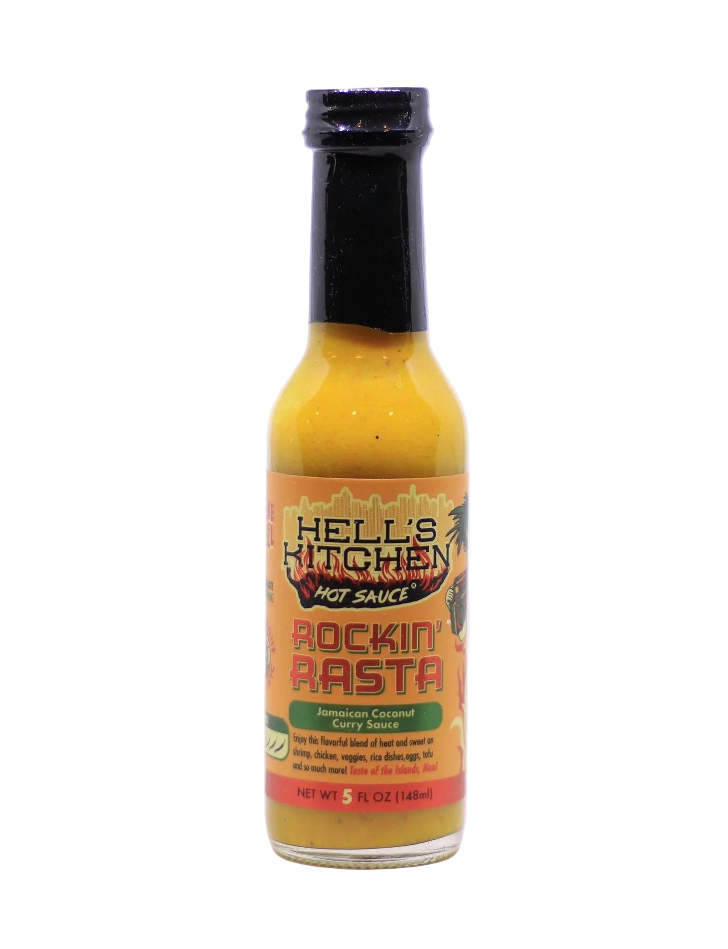 Bottle of Hell's Kitchen Rockin' Rasta hot sauce on a white background