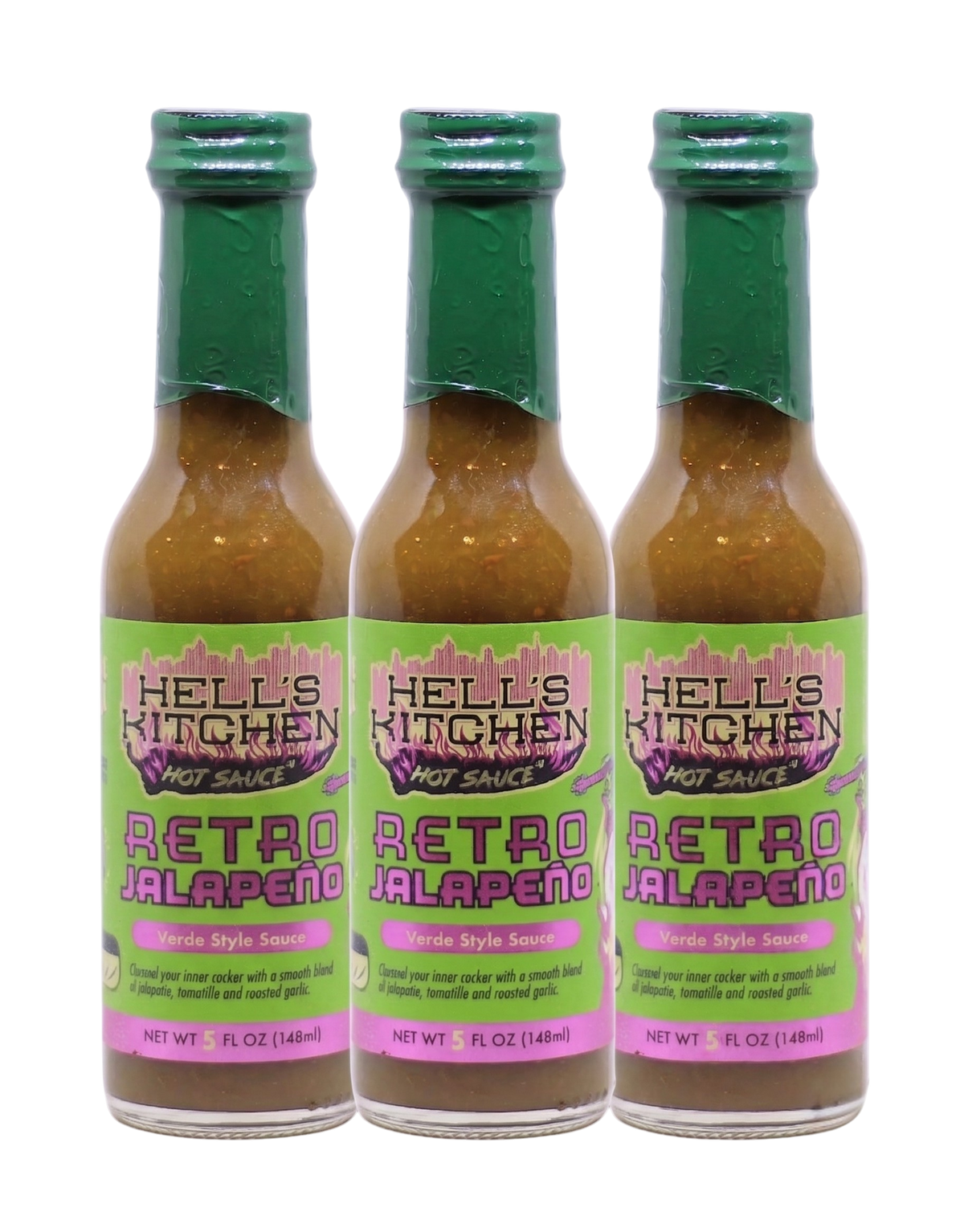 Three bottles of Hell's Kitchen Retro Jalapeño Verde Style Hot Sauce arranged side by side on a plain white background.