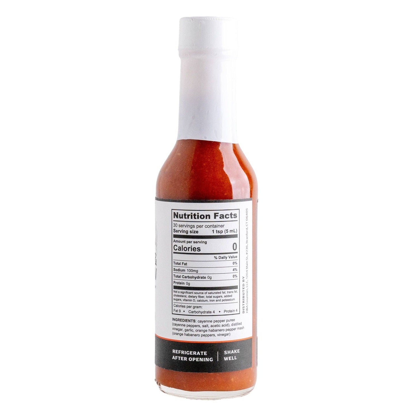 Hook and Arrow Hot sauce bottle with nutrition facts label on a white background