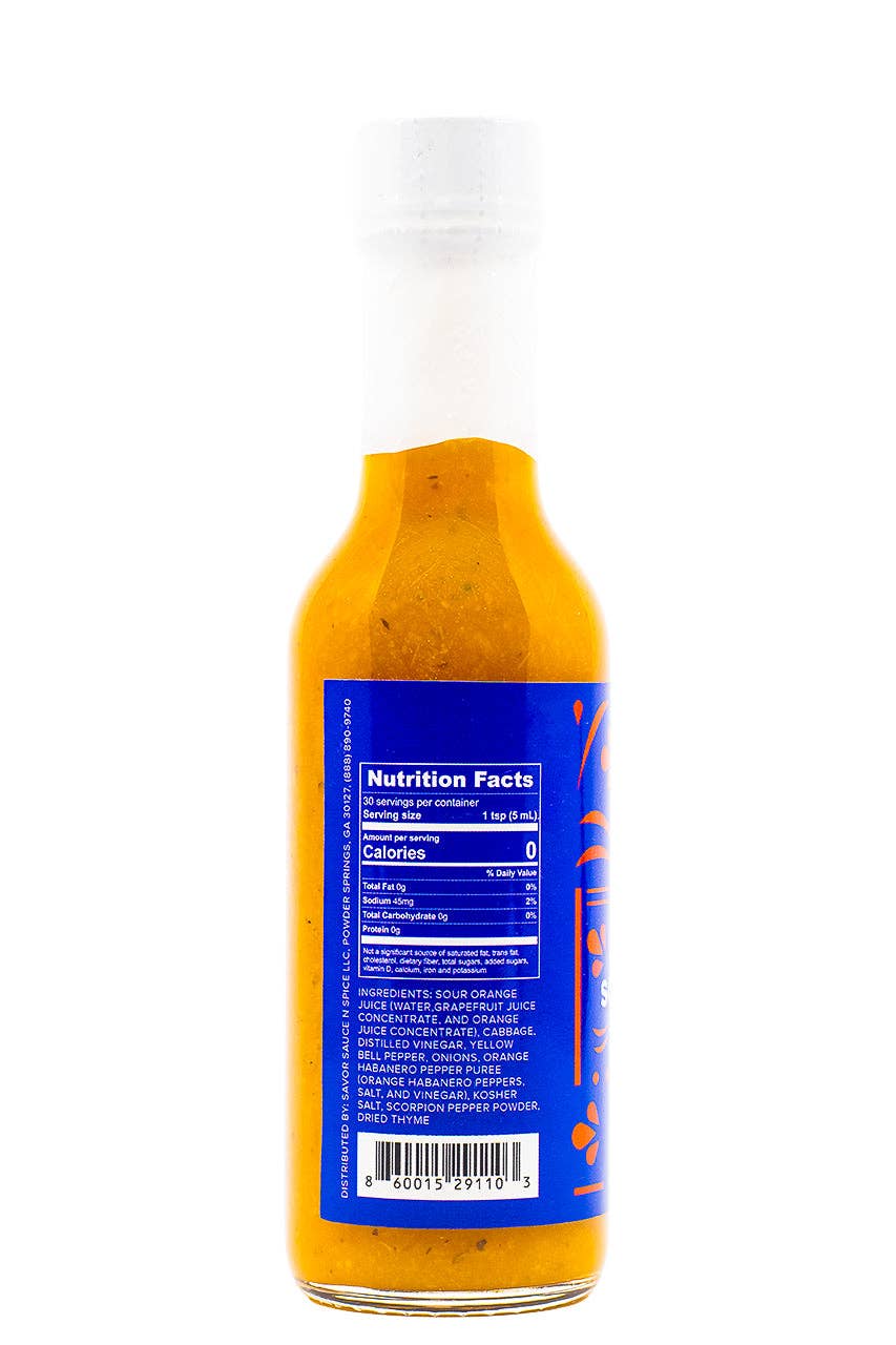 Pickliz and Scorpion hot sauce bottle with a blue label showing nutrition facts on a white background