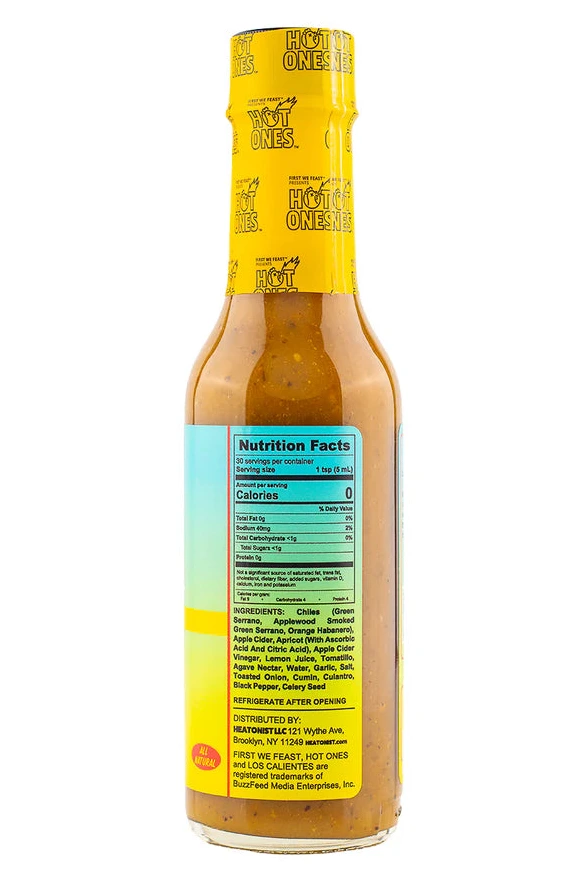 Hot Ones Los Calientes Verde hot sauce bottle with nutrition facts