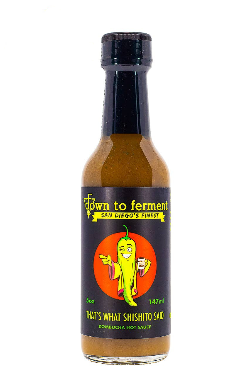 Bottle of 'Down to Ferment' hot sauce with a pepper graphic on a white background