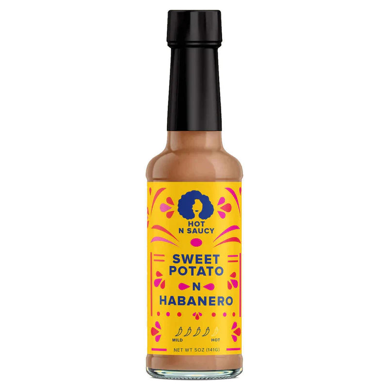Bottle of 'Sweet Potato N' Habanero' sauce with a colorful label on a white background