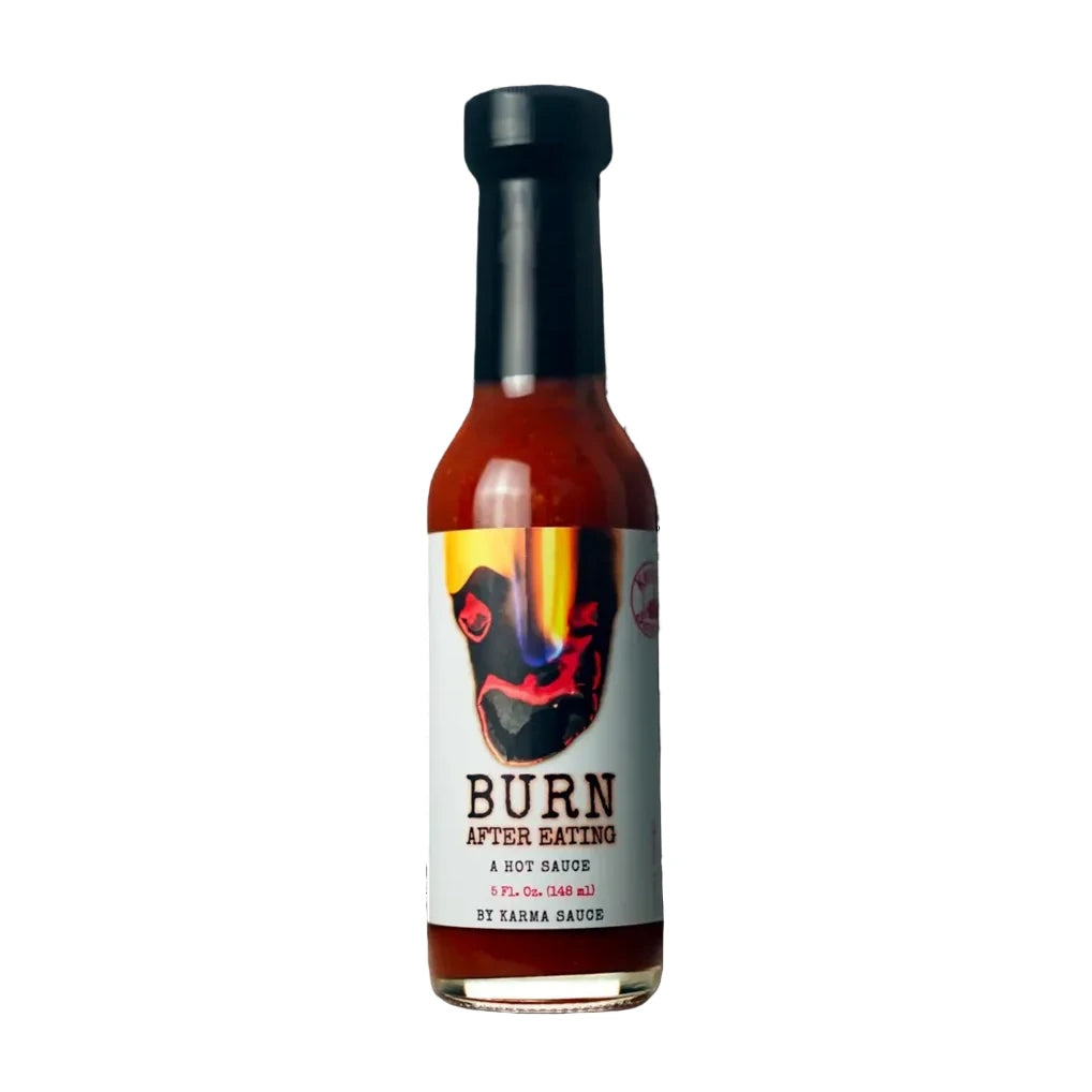 Bottle of Burn After Burning hot sauce on a white background